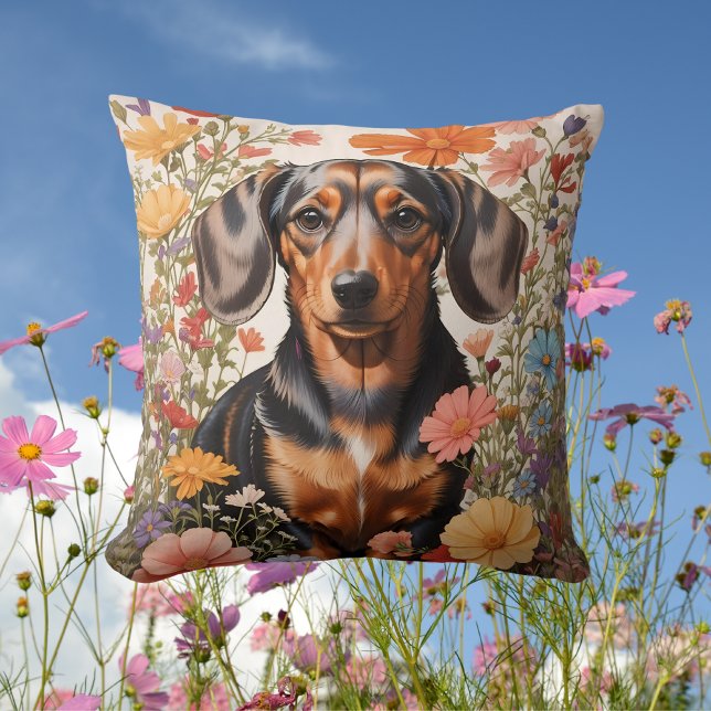 Coussin Fleurs Brown De Dachshund Et Cosmos (Créateur téléchargé)