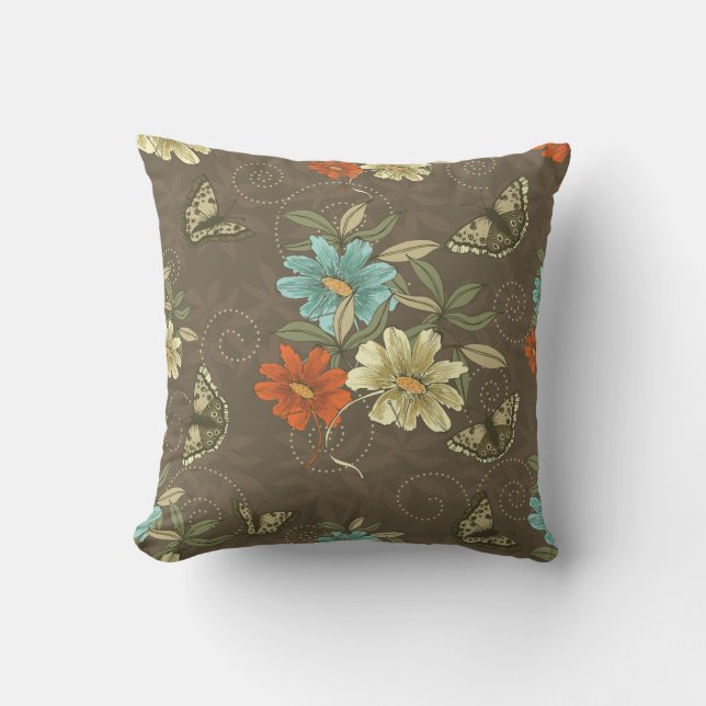Coussin Fleurs Brown traditionnelles Papillons Lancer Orei (Recto)