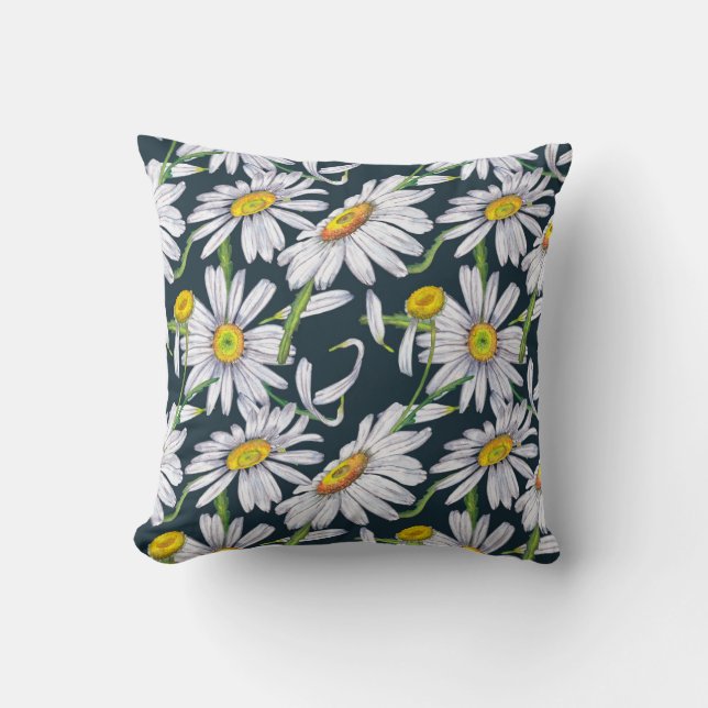 Coussin Fleurs chamomiles : Aquarelle bleu foncé. (Recto)