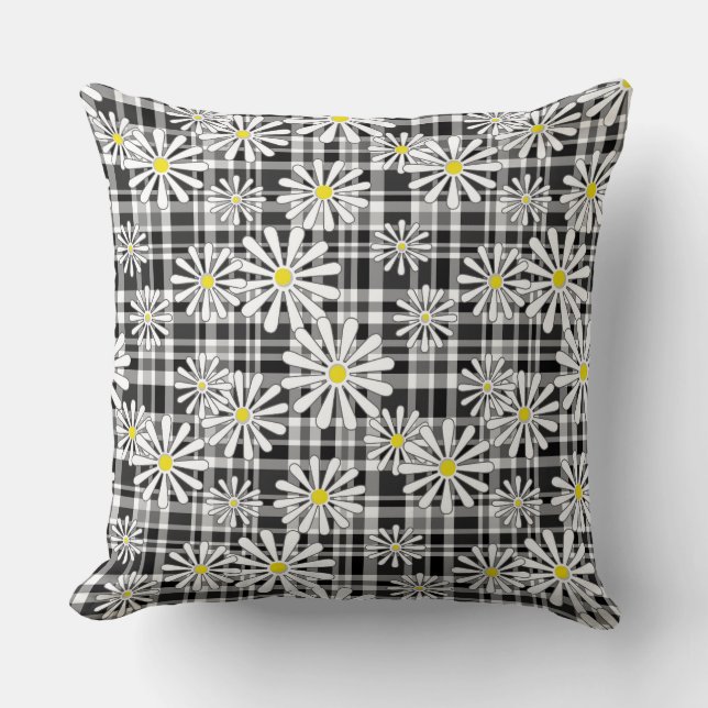 Coussin Fleurs chamomiques blanches sur à damiers noir bla (Recto)