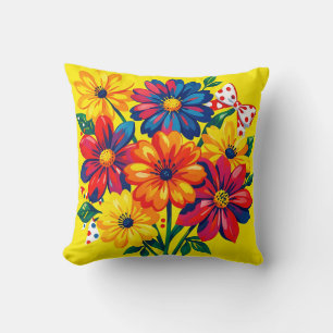 Coussin Fleurs Colorées Audacieuses Bouquet Pop Art Points