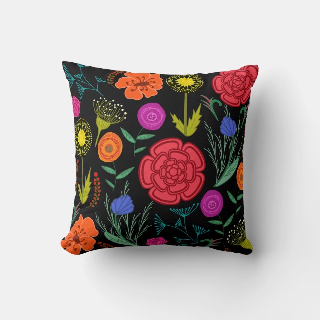 Coussin Fleurs Colorées Brillantes sur Fond Noir (Recto)
