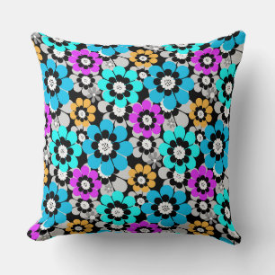 Coussin Fleurs colorées marguerites Bleu Turquoise Violet