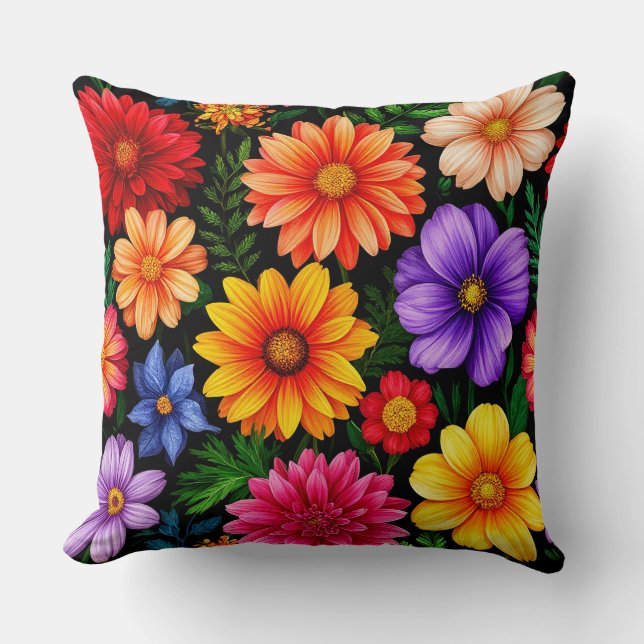 Coussin Fleurs Colorées sur Fond Noir (Recto)