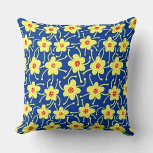 Coussin Fleurs concurrentes - Jaune et rouge sur bleu mari