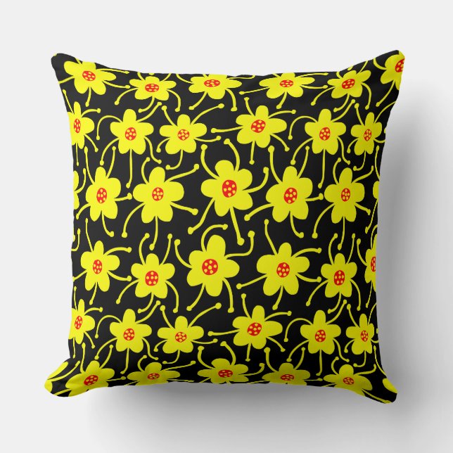 Coussin Fleurs concurrentes - Jaune et rouge sur noir (Recto)