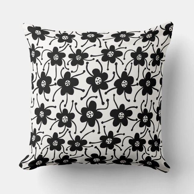 Coussin Fleurs concurrentes - Noir et blanc sur blanc (Recto)