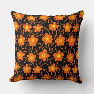 Coussin Fleurs concurrentes - orange et jaune sur noir