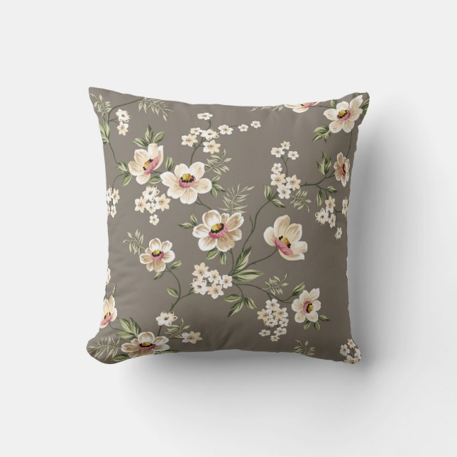 Coussin fleurs crème mignonnes avec motif feuille vert sur (Recto)