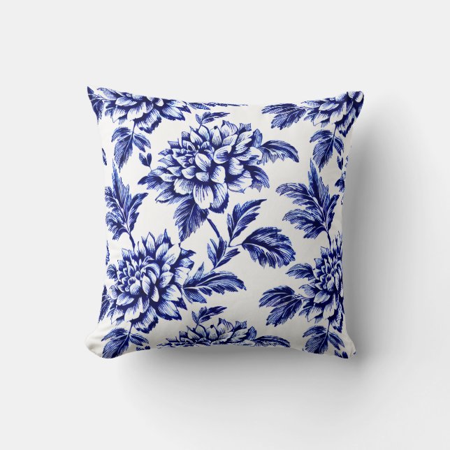 Coussin Fleurs Dahlia Bleues et Blanches Toile de Jouy (Recto)