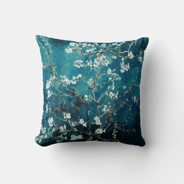 Coussin Fleurs d'amandier de Van Gogh sarcelle foncée (Recto)