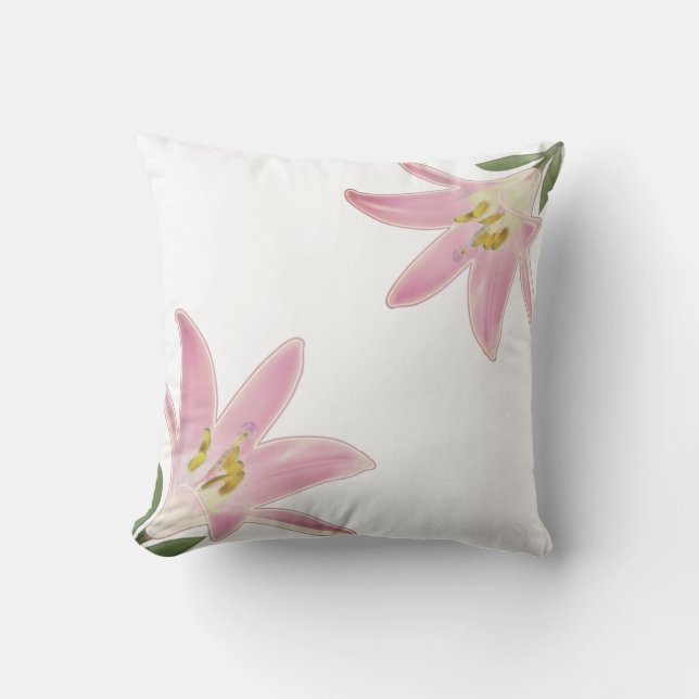 Coussin Fleurs d'Amaryllis en Or Rose Clair sur Fond Blanc (Recto)