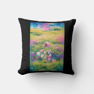 Coussin Fleurs dans un champ art numérique blanc violet ro