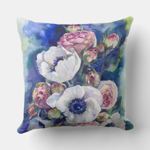 Coussin Fleurs d'aquarelle anémone roses d'illustration fl