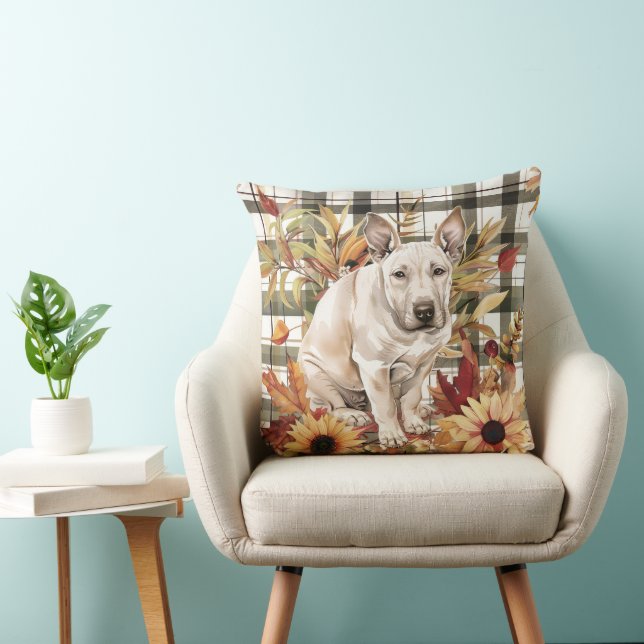 Coussin Fleurs d'aquarelle d'automne du chien Bull Terrier (Chaise)