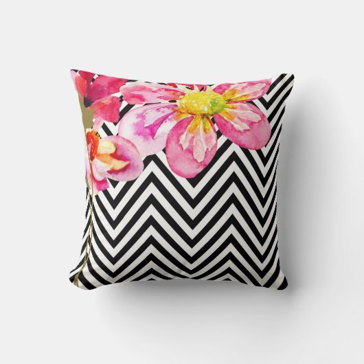 Coussin Fleurs d'aquarelle florale Chevron | noir & blanc (Recto)