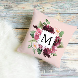 Coussin Fleurs d'aquarelle modernes Monogrammes