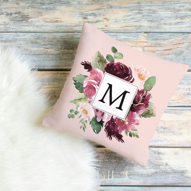 Coussin Fleurs d'aquarelle modernes Monogrammes (Créateur téléchargé)