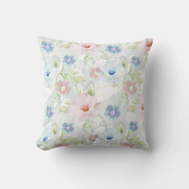 Coussin Fleurs d'aquarelle rose et bleu. (Recto)