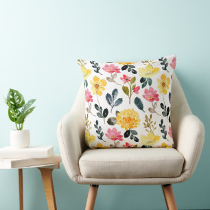 Coussin Fleurs d'aquarelle rose et jaune