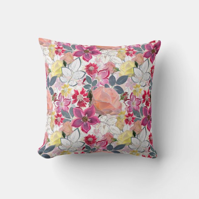 Coussin Fleurs d'aquarelle rose et rouge. (Recto)