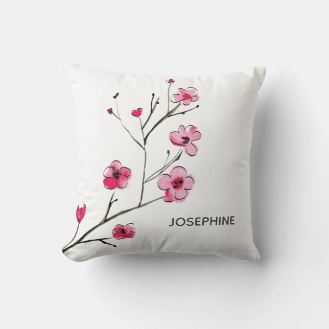 Coussin Fleurs d'aquarelle rouge rose cerisier en fleurs (Recto)
