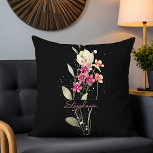Coussin Fleurs d'aquarelle simples et élégantes Noir