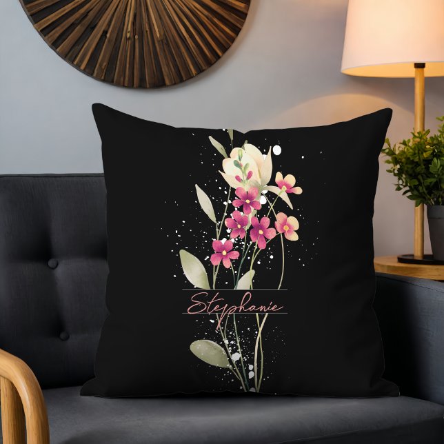 Coussin Fleurs d'aquarelle simples et élégantes Noir (Créateur téléchargé)