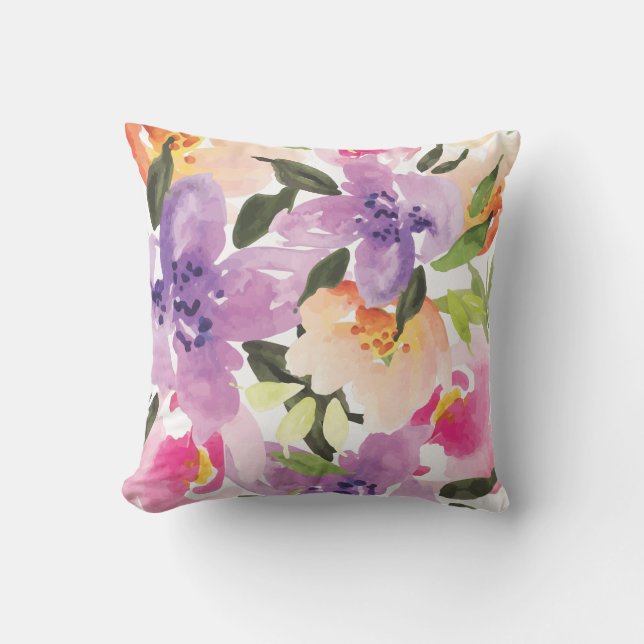 Coussin Fleurs d'aquarelle violette et saumon rose (Recto)