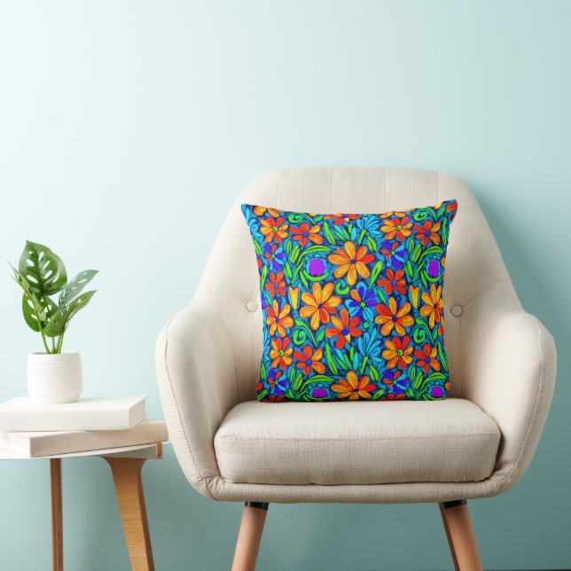 Coussin Fleurs d'art populaire colorées vives (Chaise)