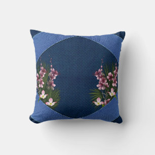 Coussin Fleurs d'arty rose sur la texture bleu-tissu marin