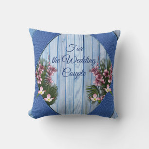 Coussin Fleurs d'arty roses sur la texture Bleu-bois-Tissu