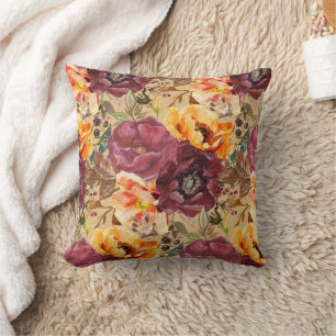 Coussin Fleurs d'automne élégantes bordeaux orange