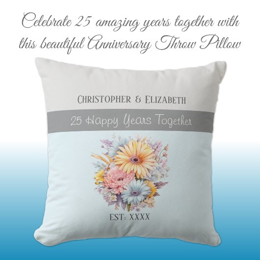 Coussin Fleurs de 25e anniversaire de mariage argent et bl