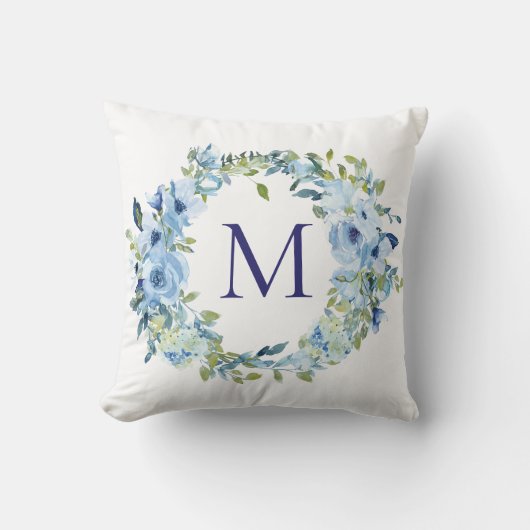 Coussin Fleurs de bleu vert botanique aquarelle Monogramme (Recto)