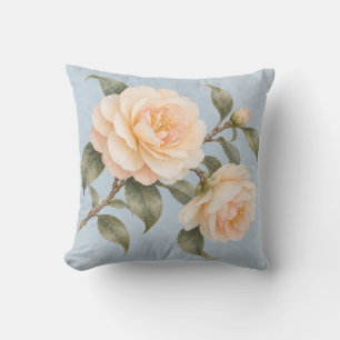 Coussin Fleurs de Camélia Abricot Poudre Bleu Botanique