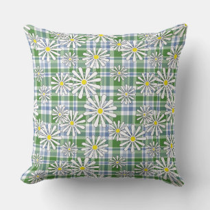 Coussin Fleurs de camomille blanche sur un damier vert ble