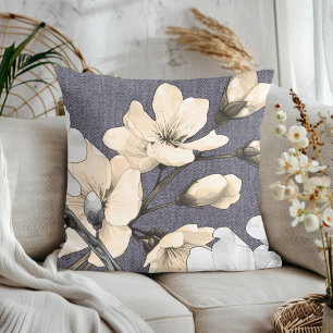 Coussin Fleurs de cerise modernes sur Denim gris