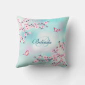 Coussin Fleurs de cerise Turquoise Monogramme Floral (Verso)