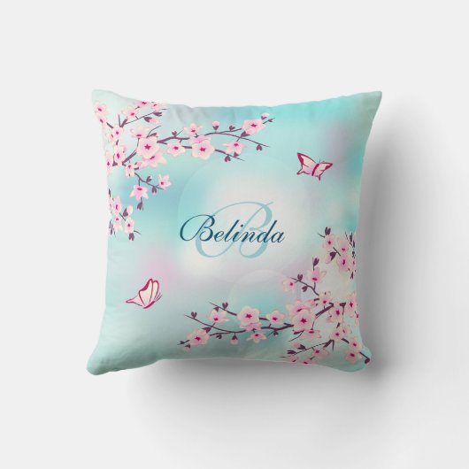 Coussin Fleurs de cerise Turquoise Monogramme Floral (Verso)