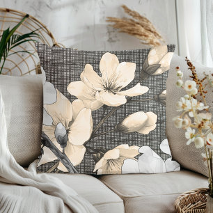 Coussin Fleurs de cerises modernes sur tissu noir et blanc