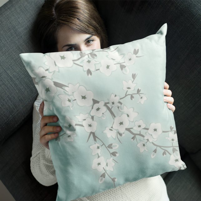 Coussin Fleurs de cerisier Floral Blanc Menthe (Créateur téléchargé)