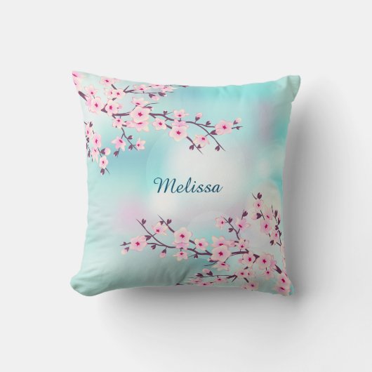 Coussin Fleurs de cerisier Fond turquoise (Recto)