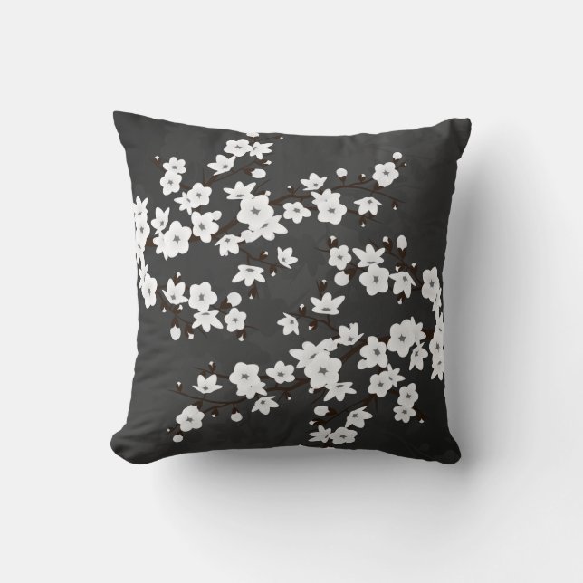 Coussin Fleurs de cerisier noir et blanc  (Recto)