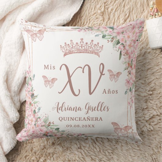 Coussin Fleurs de Cerisier Papillon Or Rose Quinceanera (Couverture)