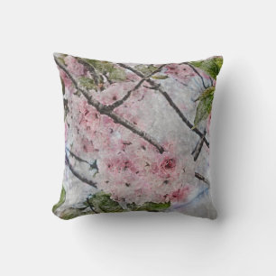 Coussin fleurs de cerisier rose aquarelle