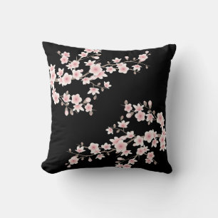 Coussin Fleurs de cerisier rose pâle sur fond noir