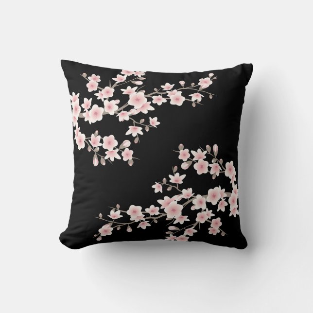 Coussin Fleurs de cerisier rose pâle sur fond noir (Recto)