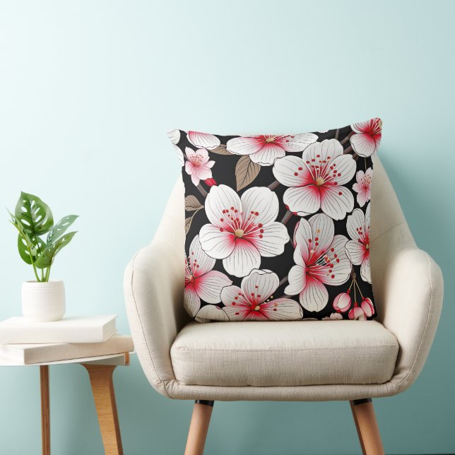 Coussin Fleurs de cerisiers en noir (Chaise)