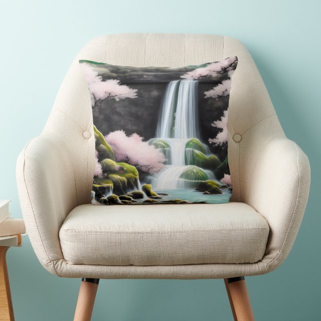 Coussin Fleurs De Cerisiers Et Cascade Au Japon (Créateur téléchargé)